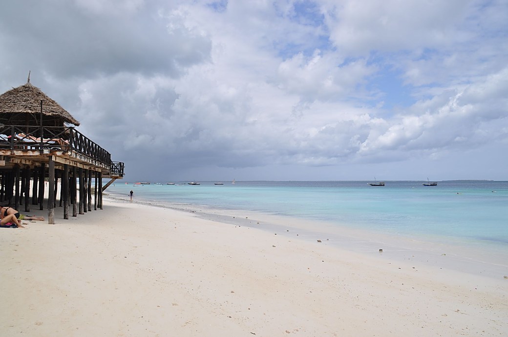 White sand beach with palms